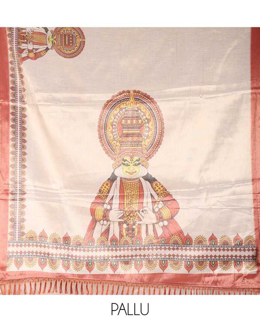 Gold Tissue Saree, Artfully Designed with Colorful Kathakali Print, a Contrast Printed Border and a Contrast Blouse
