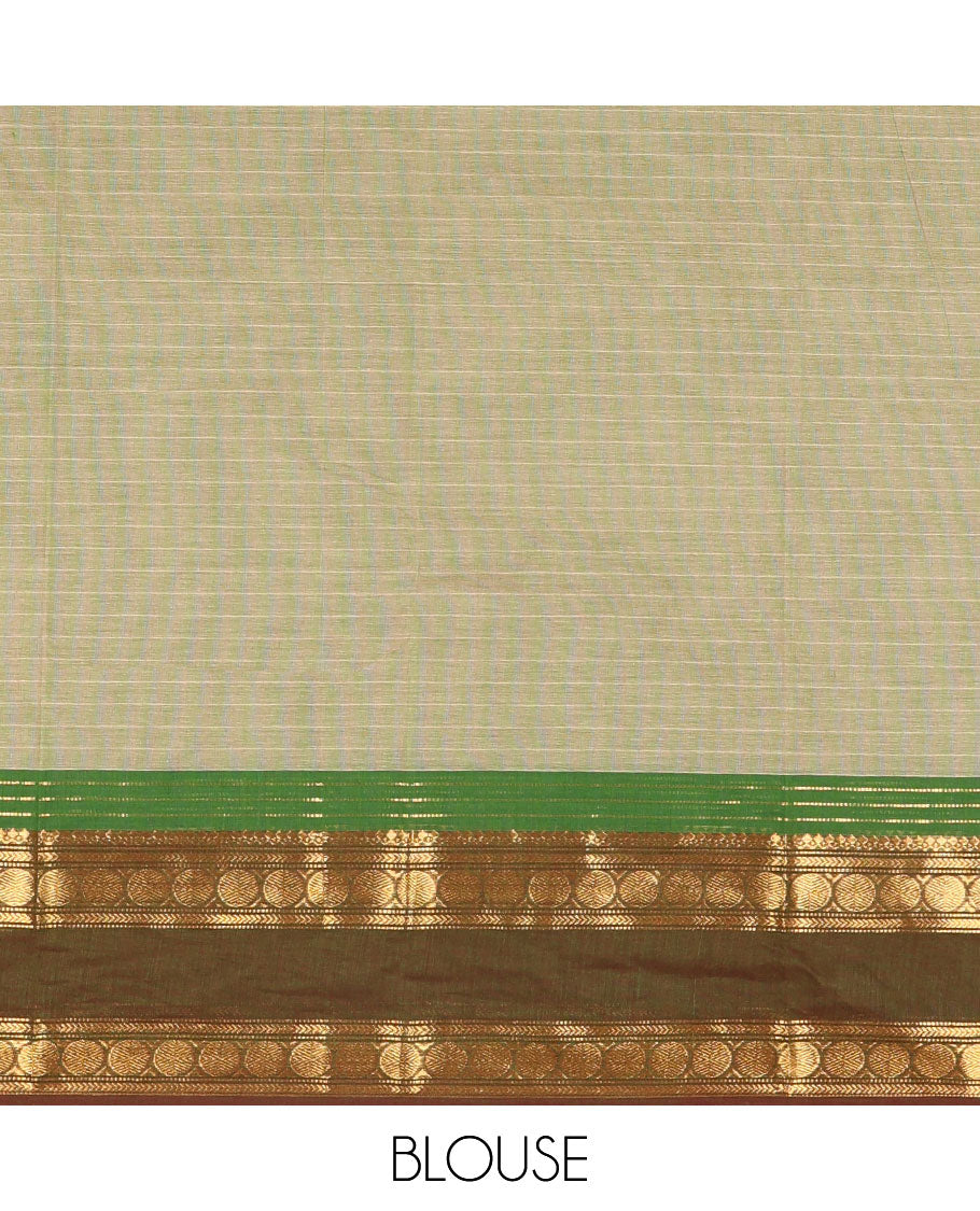 Green striped Chettinad cotton saree, contrast rettai rettu rudraksham motif zari border, striped pallu, and matching blouse