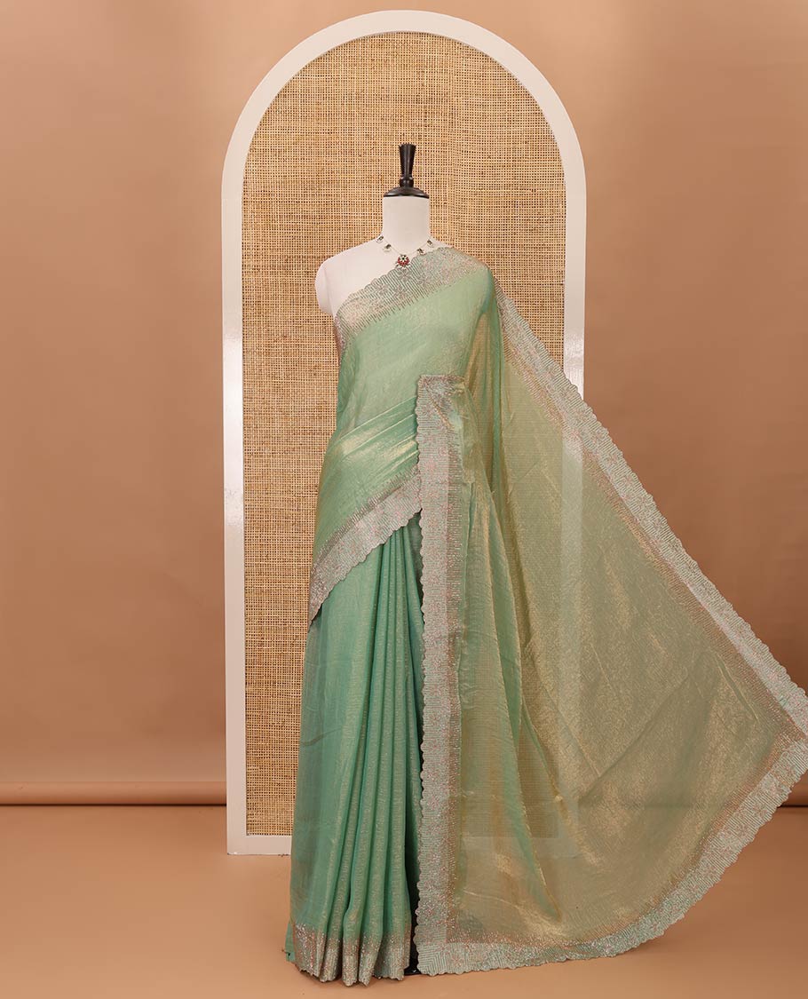Pastle green plain fendy-chiffon saree, scallop Swarovski copper stone work border & contrast Swarovski copper stonework blouse