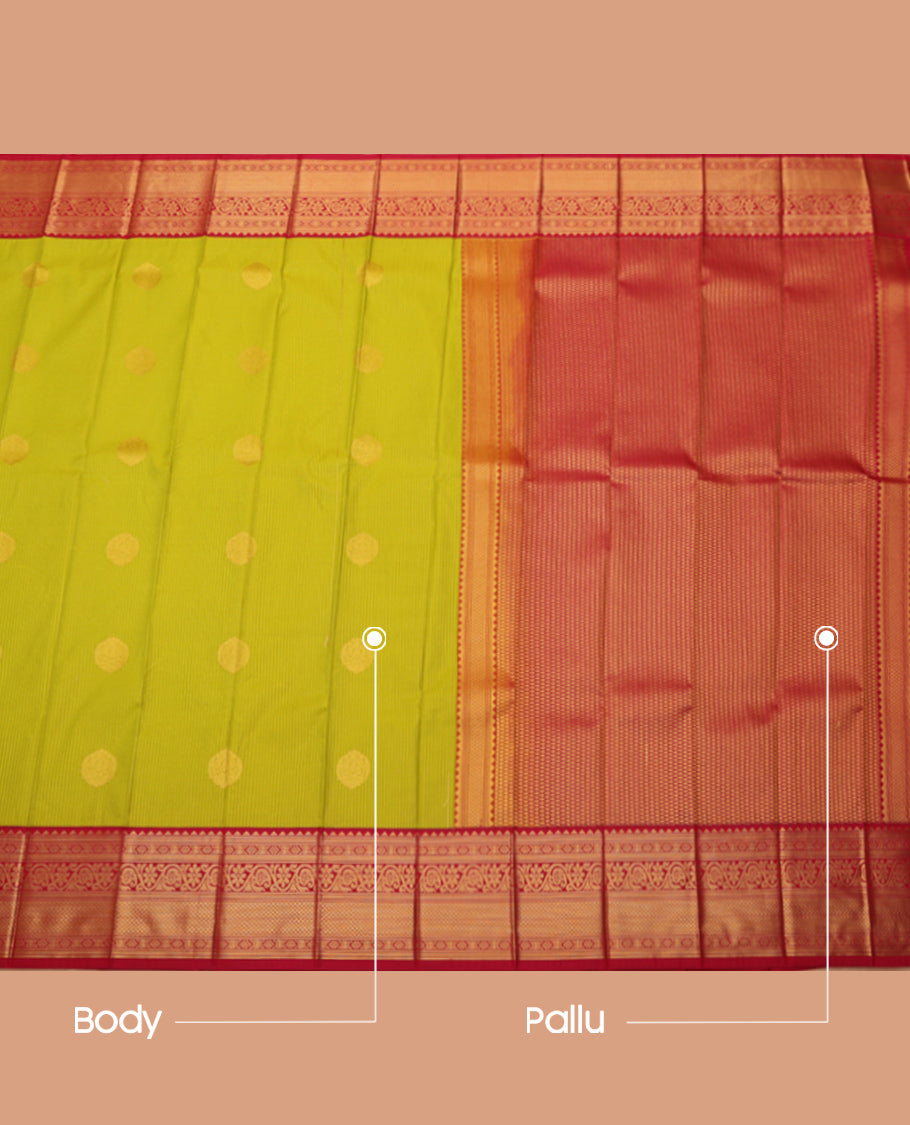 Green Budget Silk Saree, Adorned with Zari Buttas and Stripes, Complemented by Contrast Traditional Zari Border, Grand Pallu, and a Contrast Blouse