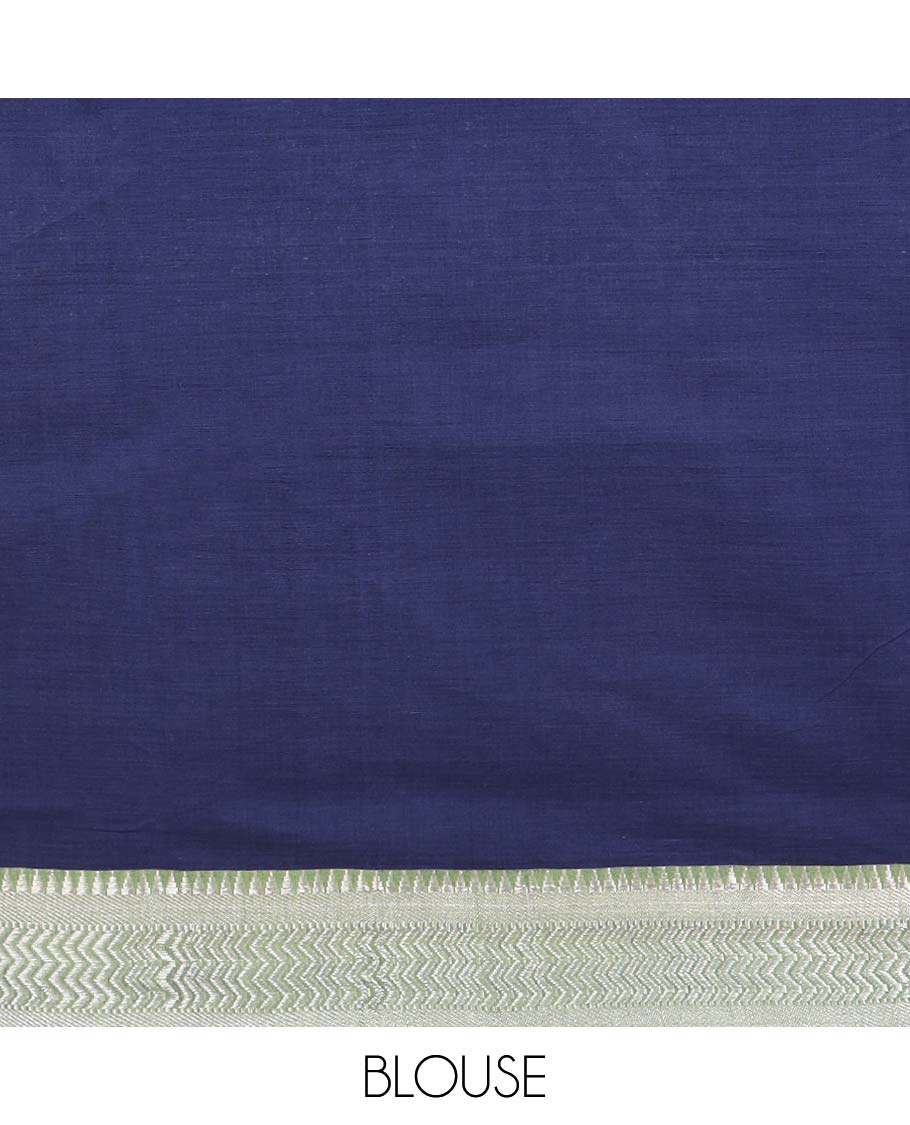 Blue mangalgiri cotton saree with contrast zari design border & striped pallu