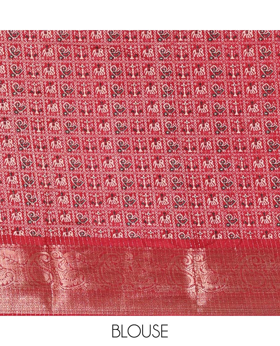 Chikku-maroon vertical striped, and animal motifs printed dola silk saree, contrast manga motifs zari border, animal motifs printed pallu, and a contrast printed blouse