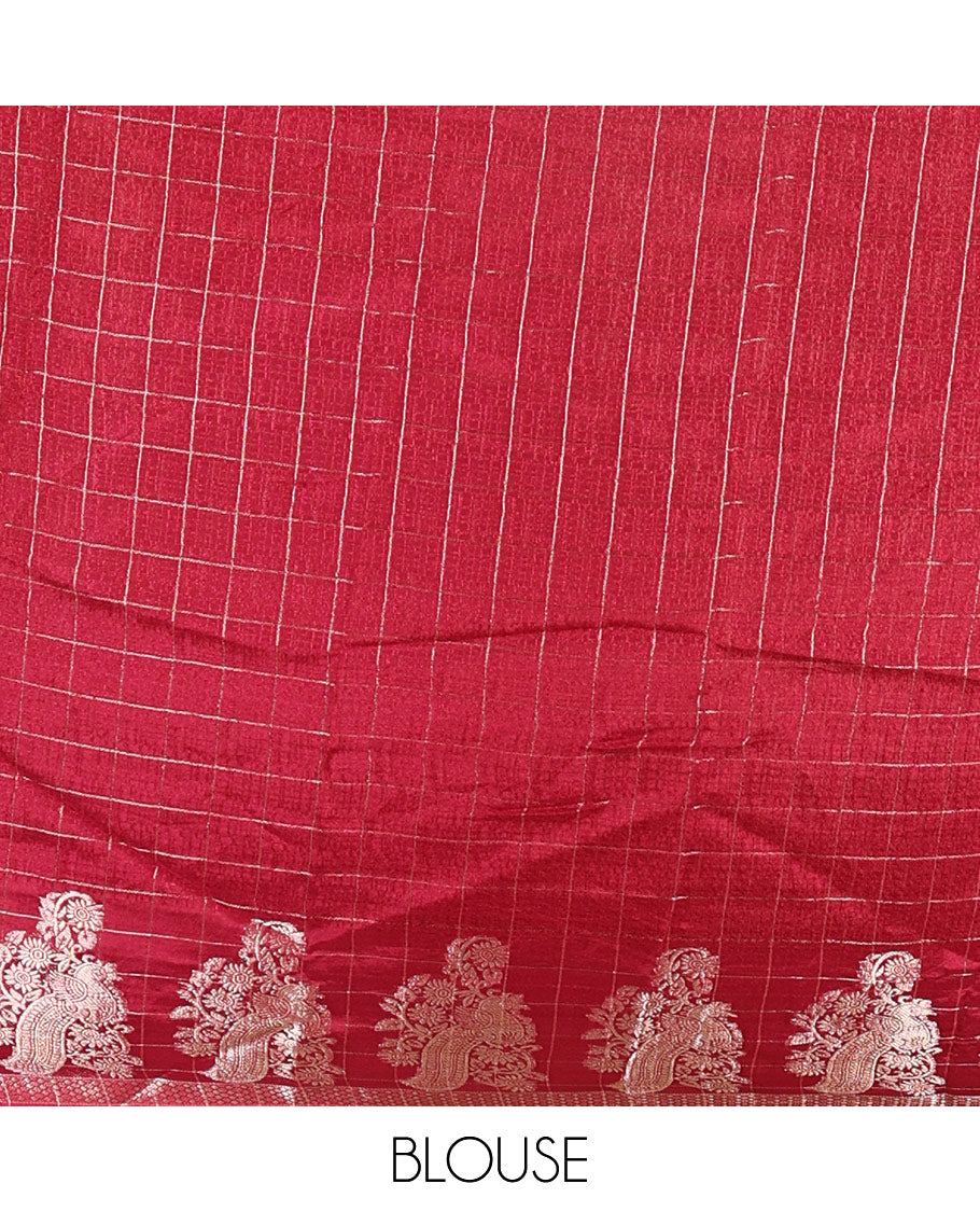Red micro-checked design viscose khadi silk saree, peacock zari motifs woven border, zari striped pallu, and a matching blouse