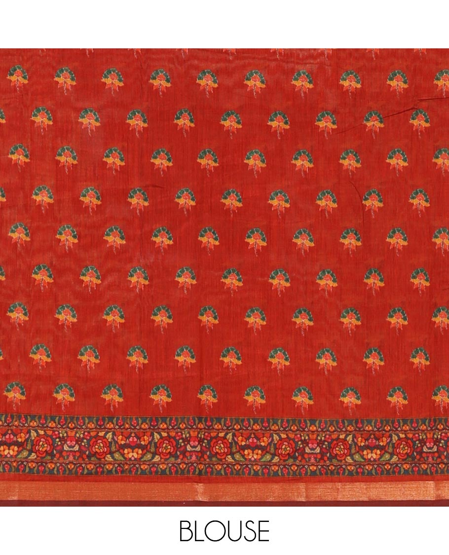 Chikku-base multi-hued floral vine printed viscose muslin saree, contrast zari piping border,print pallu & floral motifs print blouse