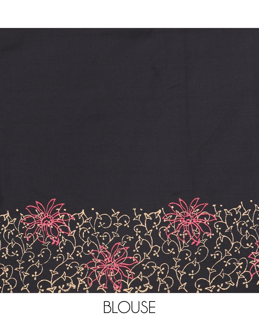 Black floral block printed South cotton saree, floral vine block printed border, floral printed pallu, and a matching blouse and a contrast floral motifs printed blouse