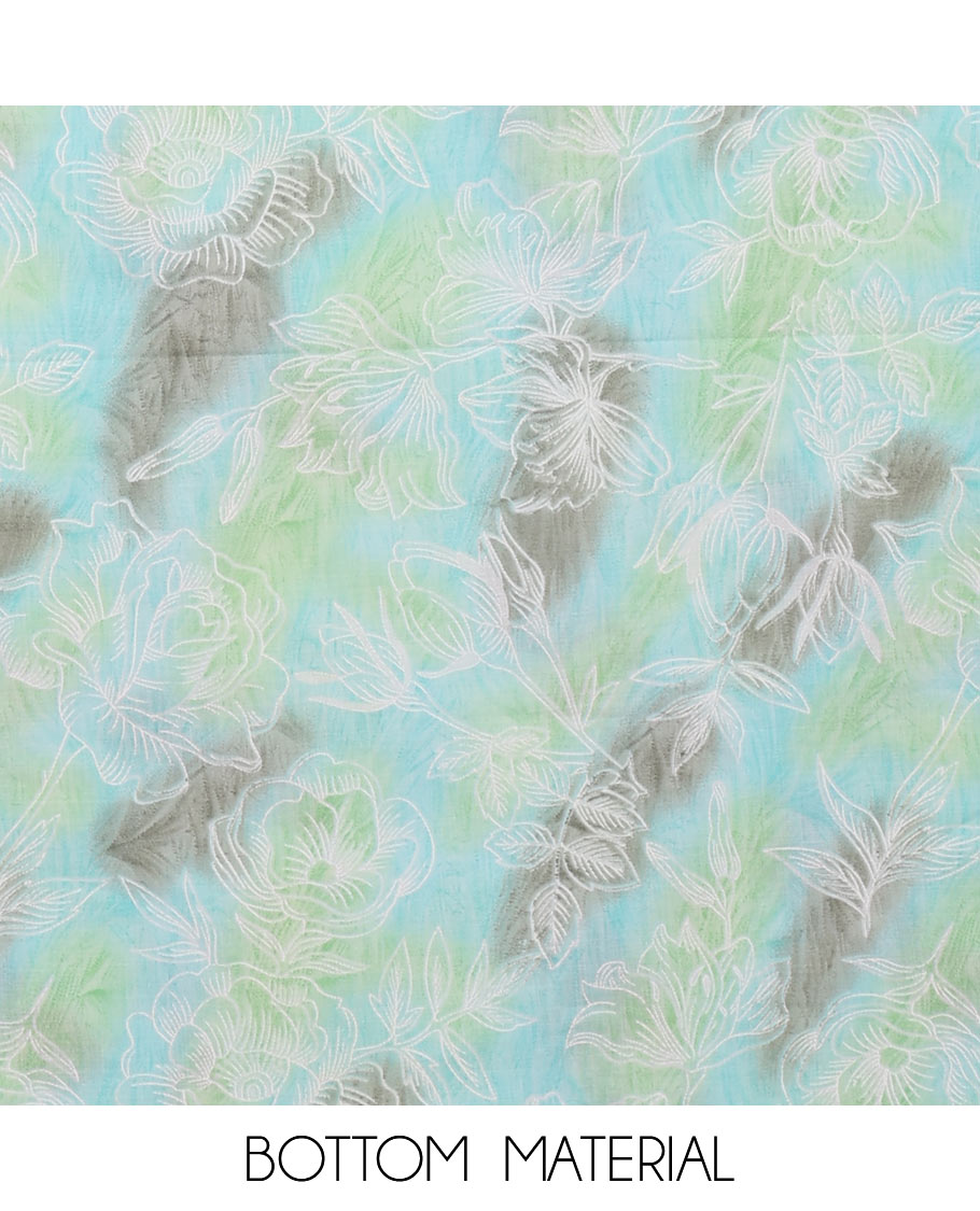 Green chudidar material set, shibori-print & floral vine chikankari embroidered top,printed cotton bottom & floral chikankari embroidery chiffon dupatta