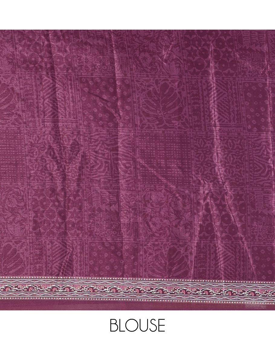 Purple floral-geometric printed and mirror work masakali saree, printed border, printed and mirror work pallu, and a matching printed blouse