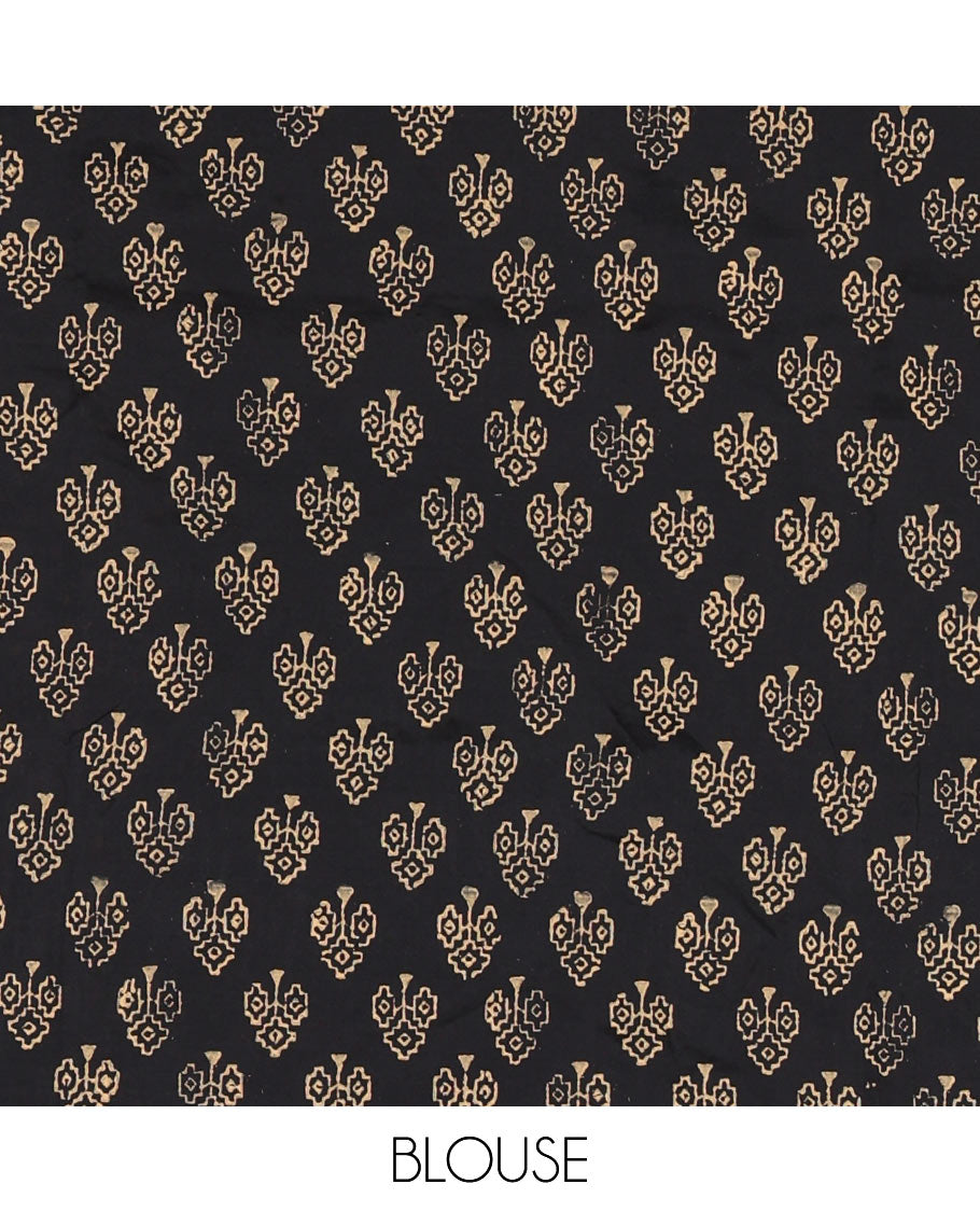 Peach Warli theme horse hand block printed South cotton saree, Warli hand block printed border and pallu, along with contrast handblock printed blouse