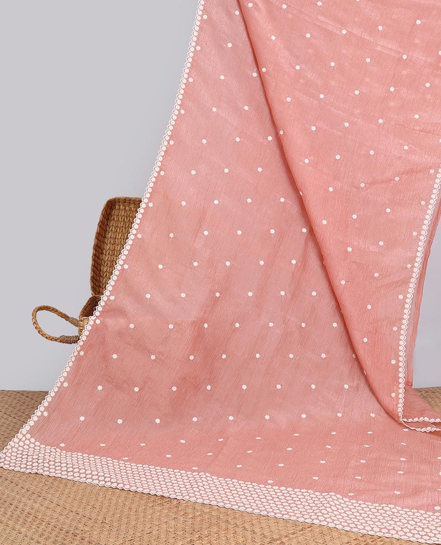 Pink Crushed Tissue saree with scallop motif border and intricate motif embroidery pallu