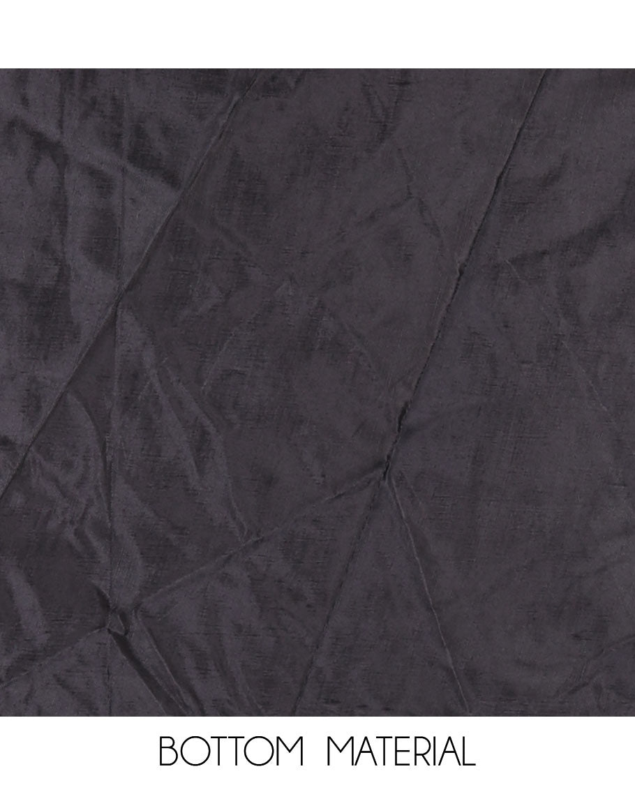 Black material chudidar set, abstract printed with mirrorwork vichitra silk top, santoon bottom, and abstract printed shimmer georgette dupatta