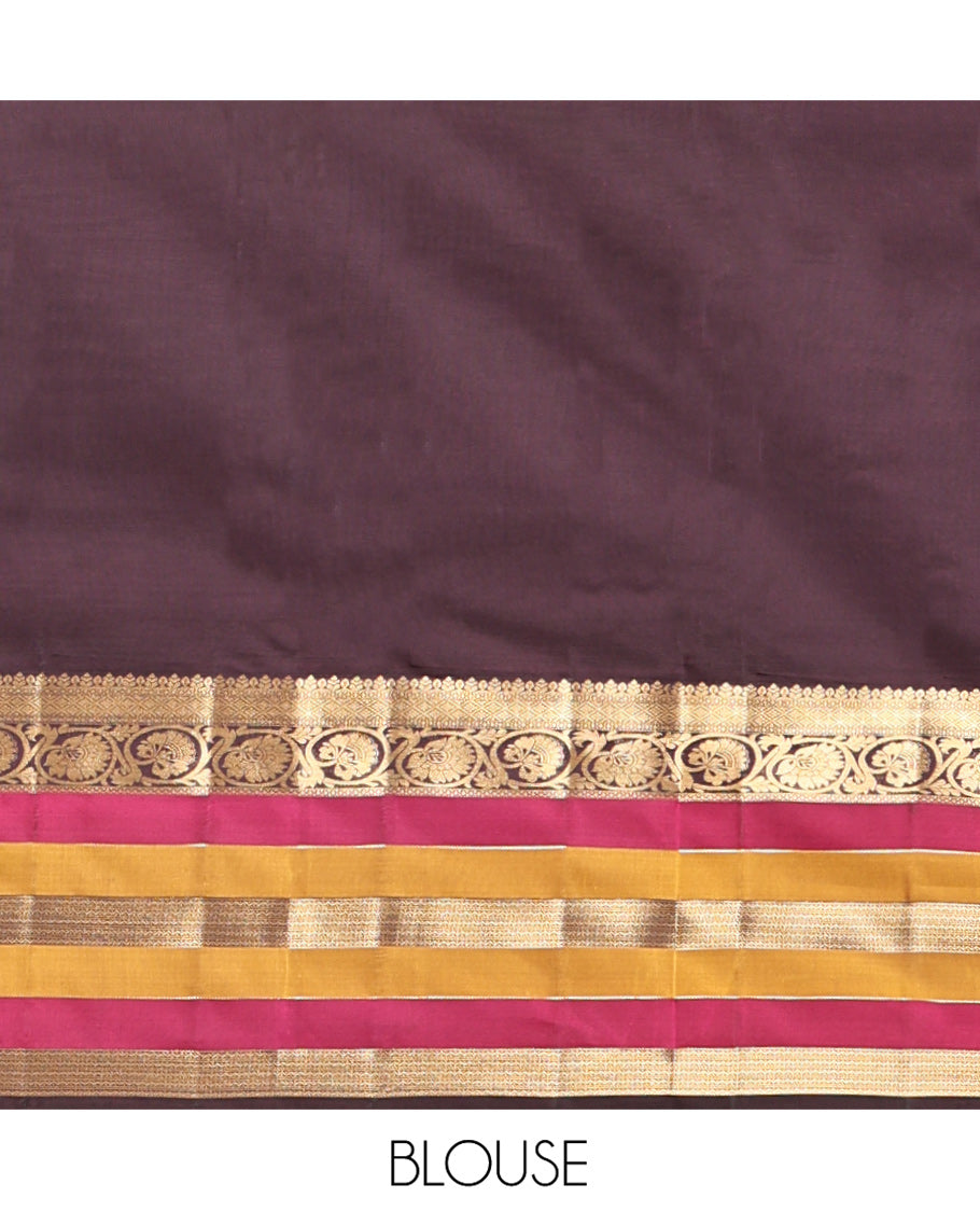 Brown Vasundhara Lite Silk Mix Saree, Adorned with Zari Buttas On Its Body, Complemented by Contrast Border of Kodi Visiry, Diamond and Neli Designs, Ogee Patterned Pallu and Paired with a Contrast Blouse