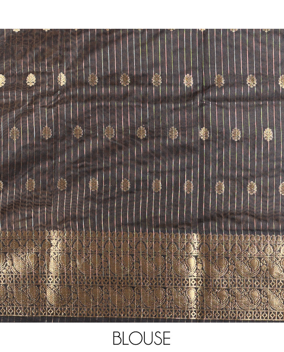 Mustard-Black Banarasi Tissue Saree, Adorned with Half-and-Half-style Plain and Buttas, Contrast Peacock Border, and a Matching Blouse