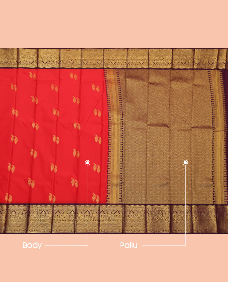 Orange Budget Silk Saree, Decorated with Zari Buttas, Complemented by Contrast Traditional Zari Border, Jaal Pallu and a Contrast Blouse