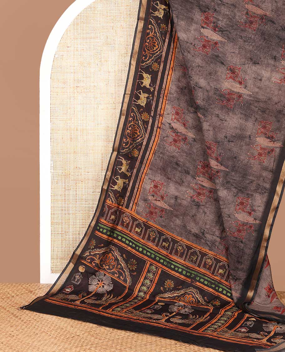 Grey deer, hand block digital printed muslin cotton saree with zari, dee printed border & printed pallu along with printed blouse