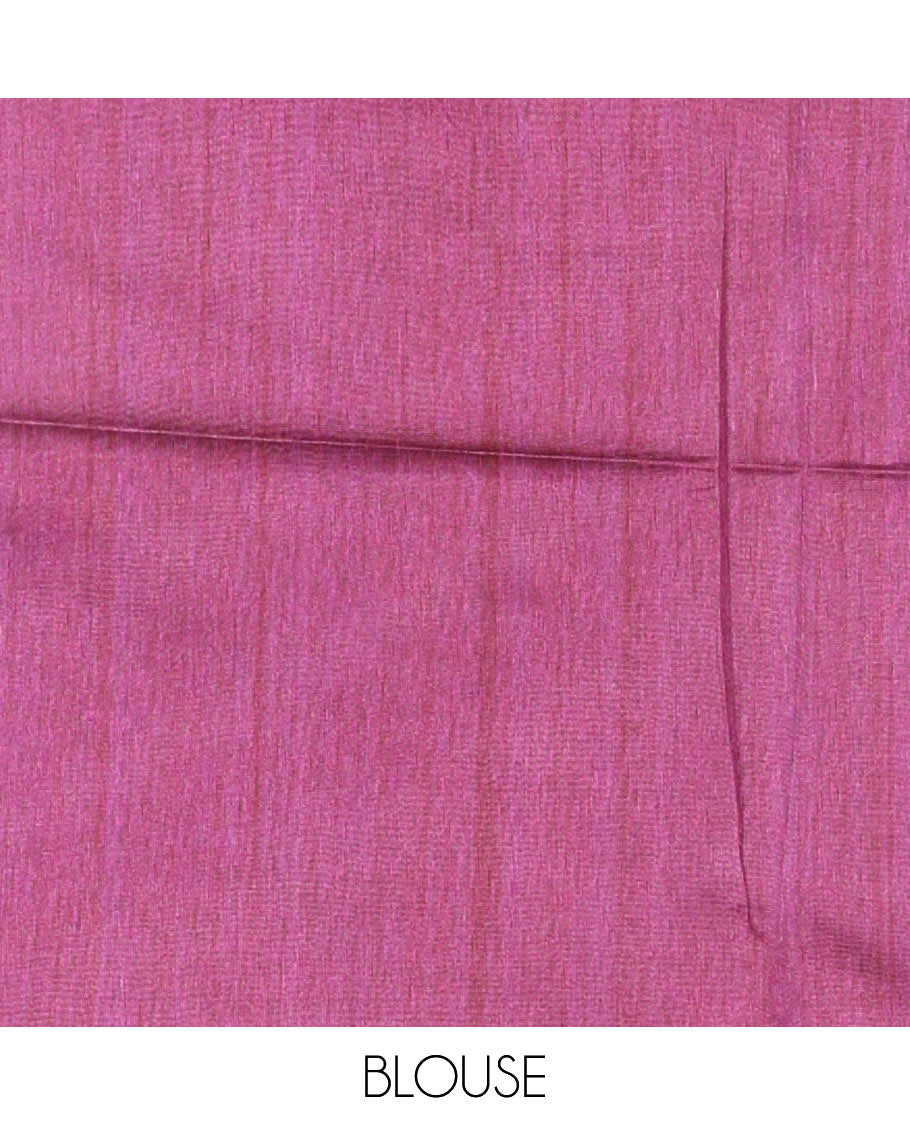 Chikku-purple plain Khicha katan silk saree, contrast purple temple border, ikkat printed pallu with tassels, and a contrast blouse