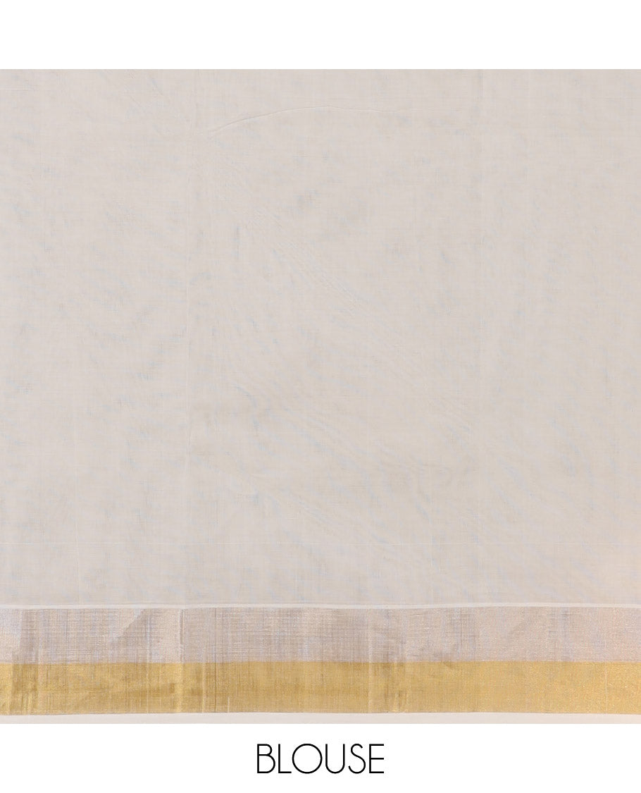 White geometric design kasavu saree with self gold zari border & gold striped pallu