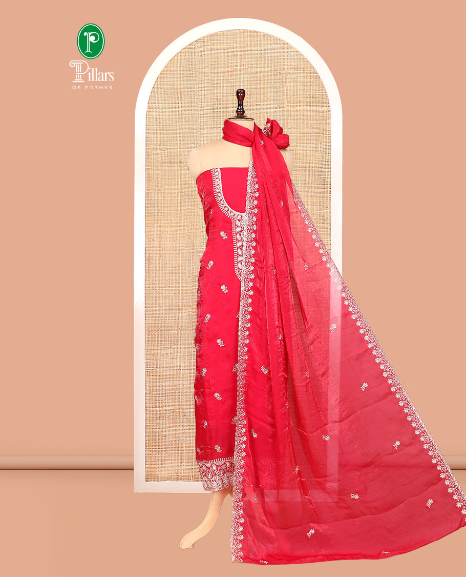Magenta Fendi Organza Material Churidar Features Embroidered Top, a Santoon Bottom, a Scallop Embroidered Dupatta