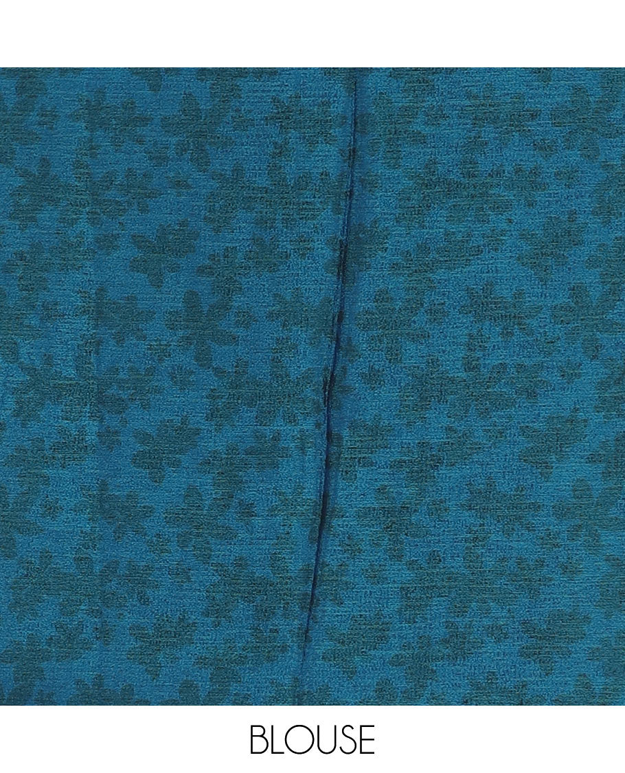 Borderless blue plain design viscose saree, flower motifs printed matching blouse