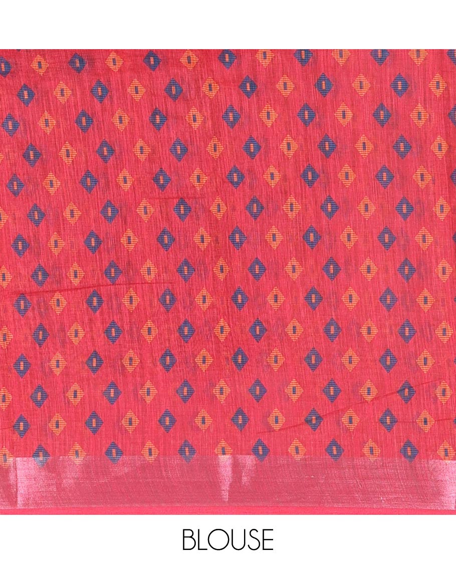 Rani pink diamond buttas printed linen cotton saree, bavanji border, doll printed pallu, and a matching blouse