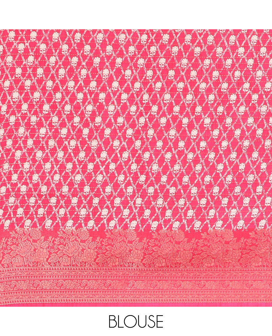 Pink allover foliage with zari line weaving dola silk saree with contrast zari jacquard border & printed rich pallu along with printed blouse