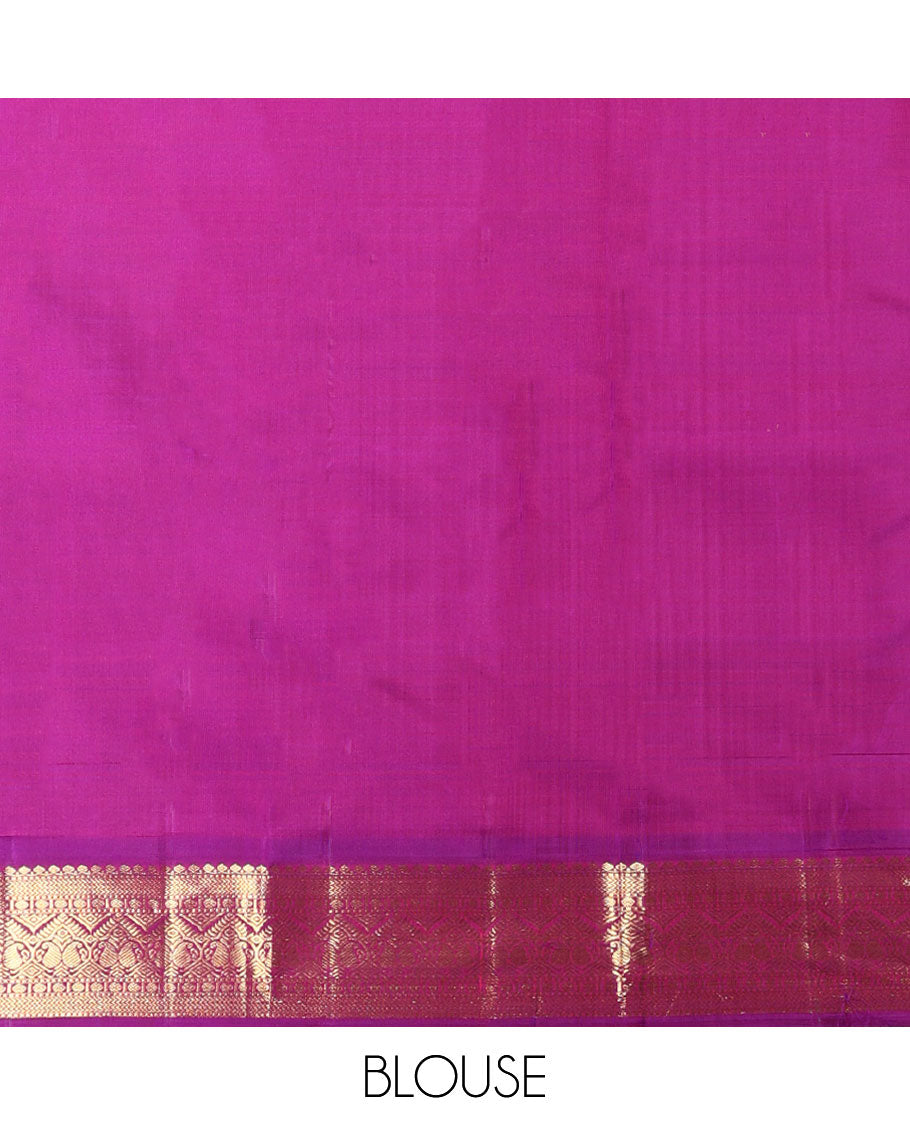 Multi-color striped kancheepuram silk saree with contrast korvai border of thilakam mokku, kathir, paun, manga designs & zari design pallu