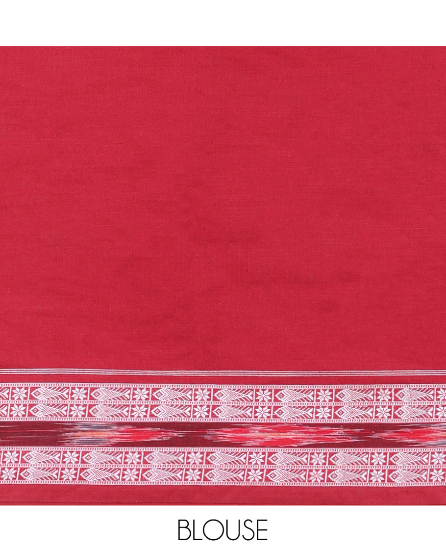 Red Odisha Cotton Saree, Highlighted with Buttas All Over the Body, Subtle Self-Border Steeped with Fish Motifs, Captivating Contrast Pallu of Unique Designs, and Paired with a Contrast Blouse
