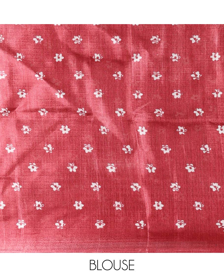 Half-white batik-style floral vine printed khadi cotton saree, contrast red border, batik floral printed, and contrast flower motifs printed blouse