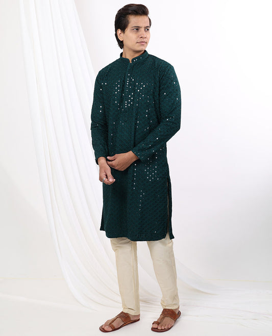 Bottle green geometric embroidery with sequins work mandarin collar & full-sleeve long raw silk kurta