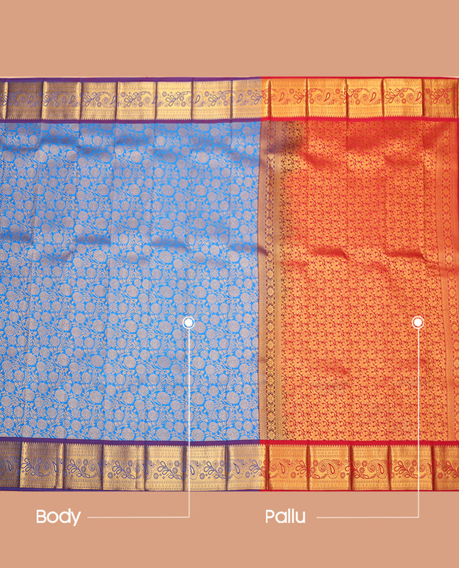 Blue Budget Silk Saree, Adorned with Floral Jacquard, Complemented by a Contrast Traditional Zari Border, Grand Pallu, and a Contrast Blouse
