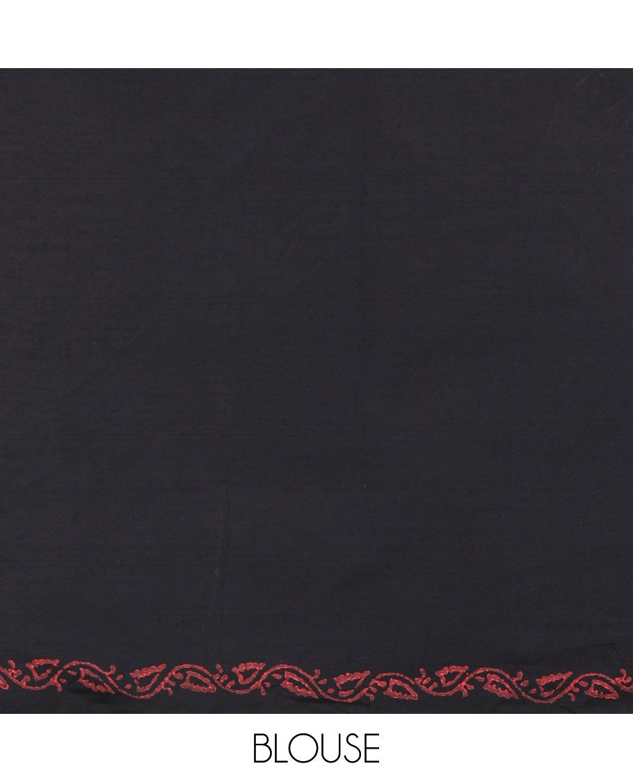 Borderless black peacock motifs printed South cotton saree with a matching blouse, and a contrast floral motifs printed blouse