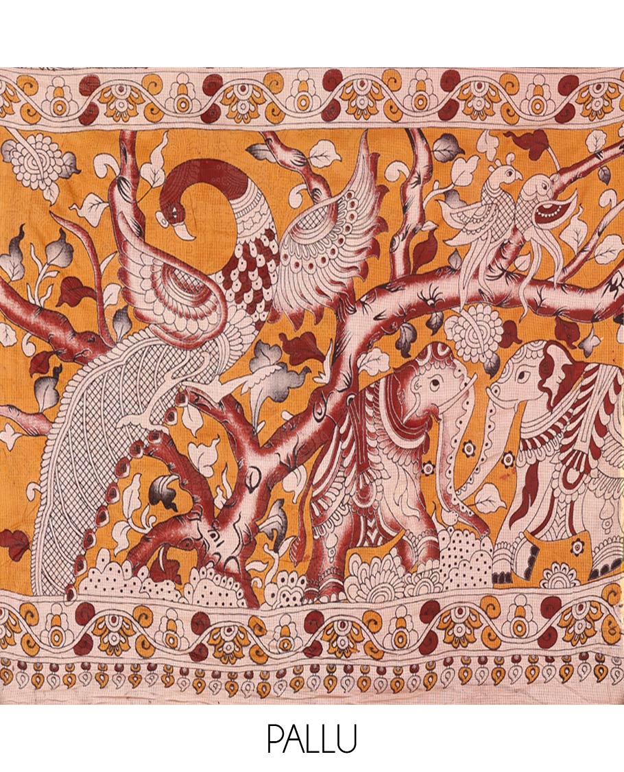 Maroon Kota Cotton Saree, Artfully Decked Up with Kalamkari-Style Human Figurines Printed on the Body, Subtle Piping Border, Pallu Pictures Kalamkari-Style Flora-Fauna Motifs, and Paired with a Contrast-Printed Blouse