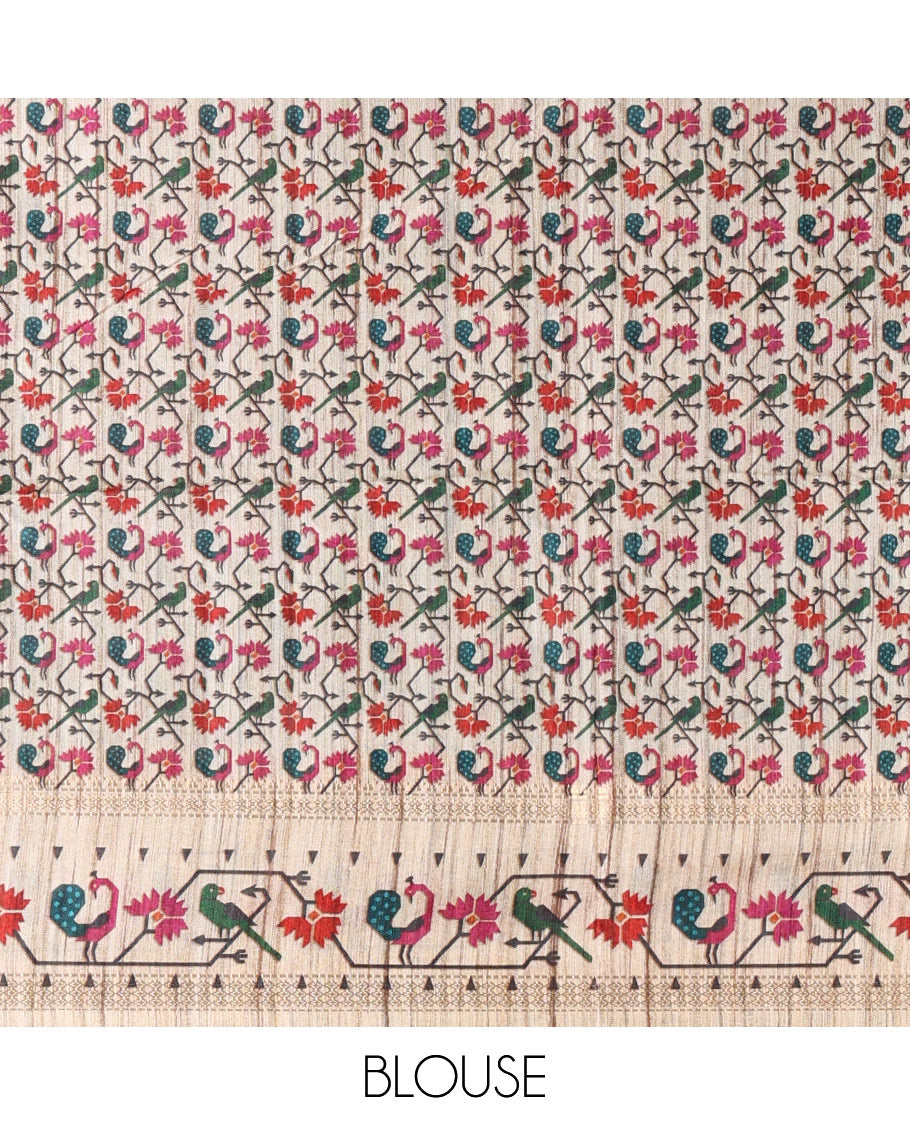 Blue muniya motifs katan silk saree, contrast paithani style border, pallu and blouse steeped with peacock, parrot, and floral motifs