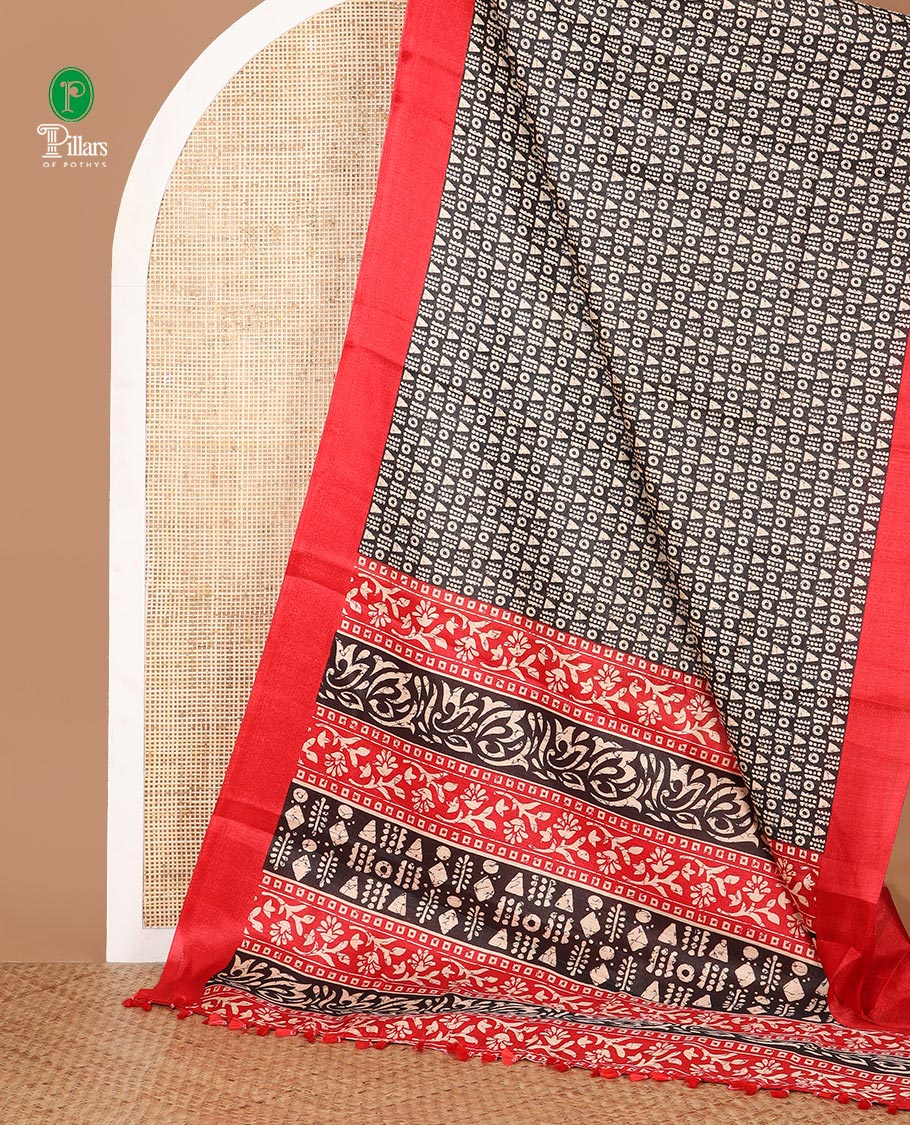 Maroon batik-style geometric motifs block printed khadi cotton saree,contrast border, batik floral print pallu & plain black blouse