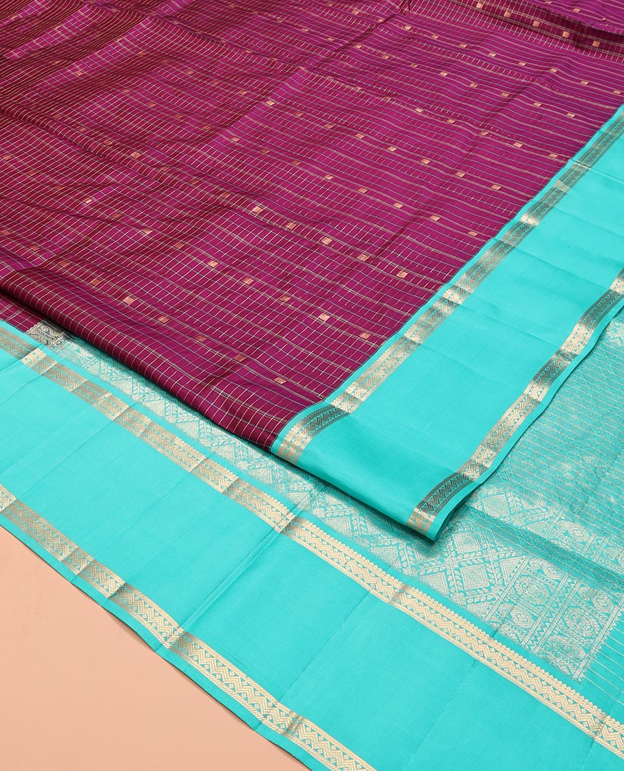Magenta-Sapphire Blue Vasundhara Silk Saree Features Zari Butta and Checks, Contrast Rettai Pettu Border, Jaal Pallu, and a Contrast Blouse