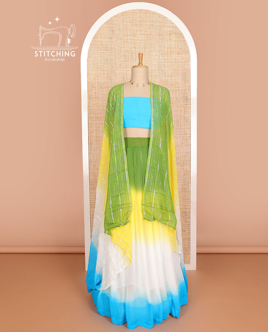 Multi color georgette half saree with plain blouse & striped dhavani