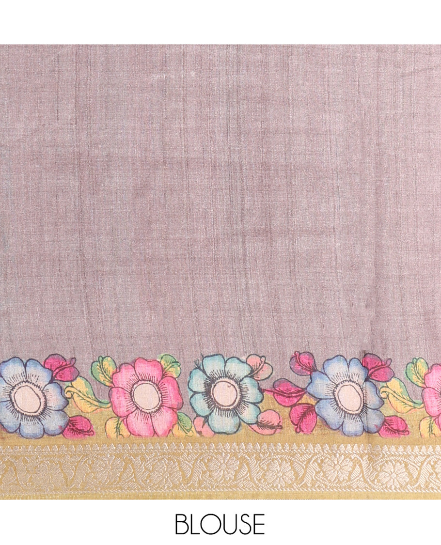 Pale Brown Kalamkari Printed Fancy Tussar Saree