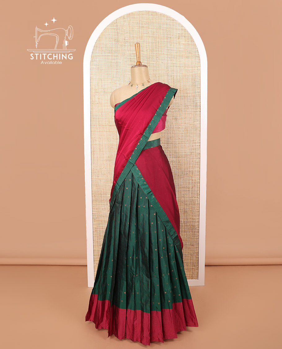 Dark green striped, buttas poly-cotton half saree with contrast border, plain blouse & plain, striped border dhavani