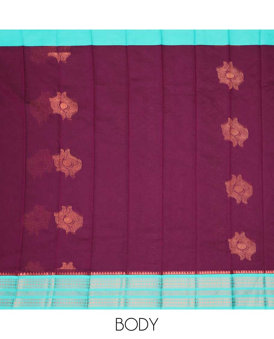 Maroon motifs kora cotton saree with contrast zari design border & intricate zari design pallu