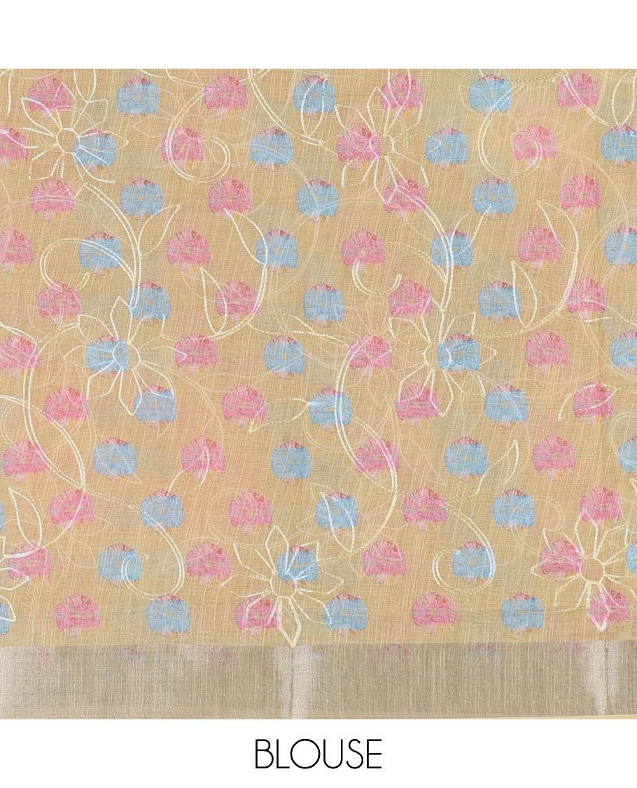 Mustard shibori printed with thread floral vine embroidered linen cotton saree, contrast bavanji border, pallu, and blouse of shibori print with embroidery