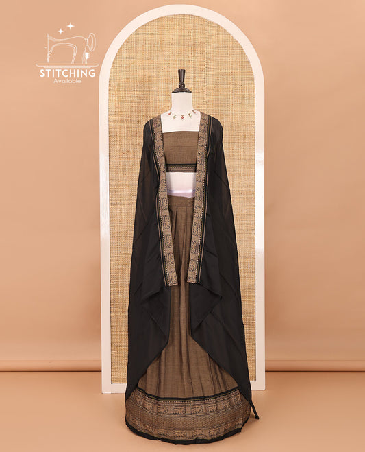 Brown with balck cotton half saree with contrast elephant design border,elephant design blouse & zari design border dhavani