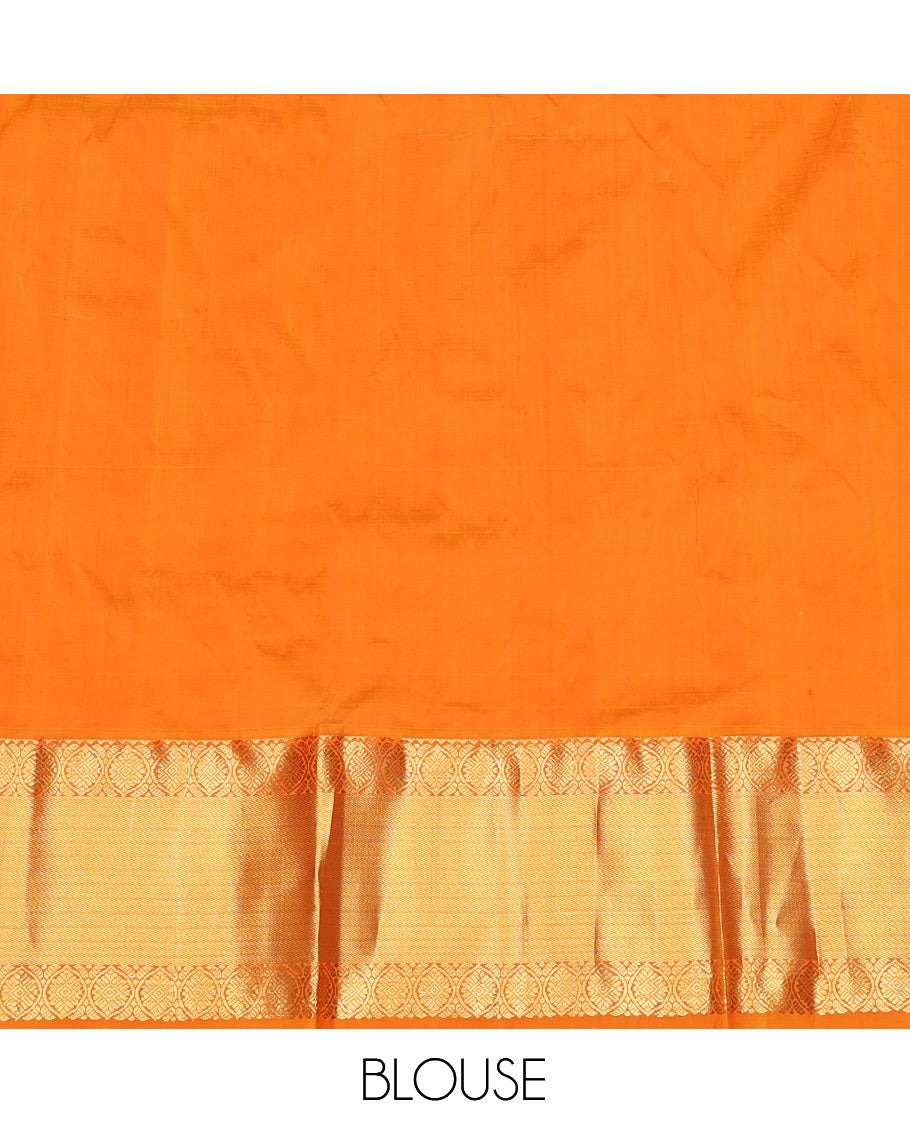 Orange Pure Silk Material Half Saree, Embellished with Zari Stripes and Zari Buttas Skirt, a Contrast Traditional Zari Border, and a Contrast Blouse