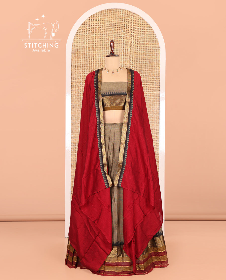 Dark Chikku-Maroon Chettinad Cotton Half-Saree, Contrast Traditional Temple Zari Bordered Skirt, Matching Blouse, and a Contrast Dhavani