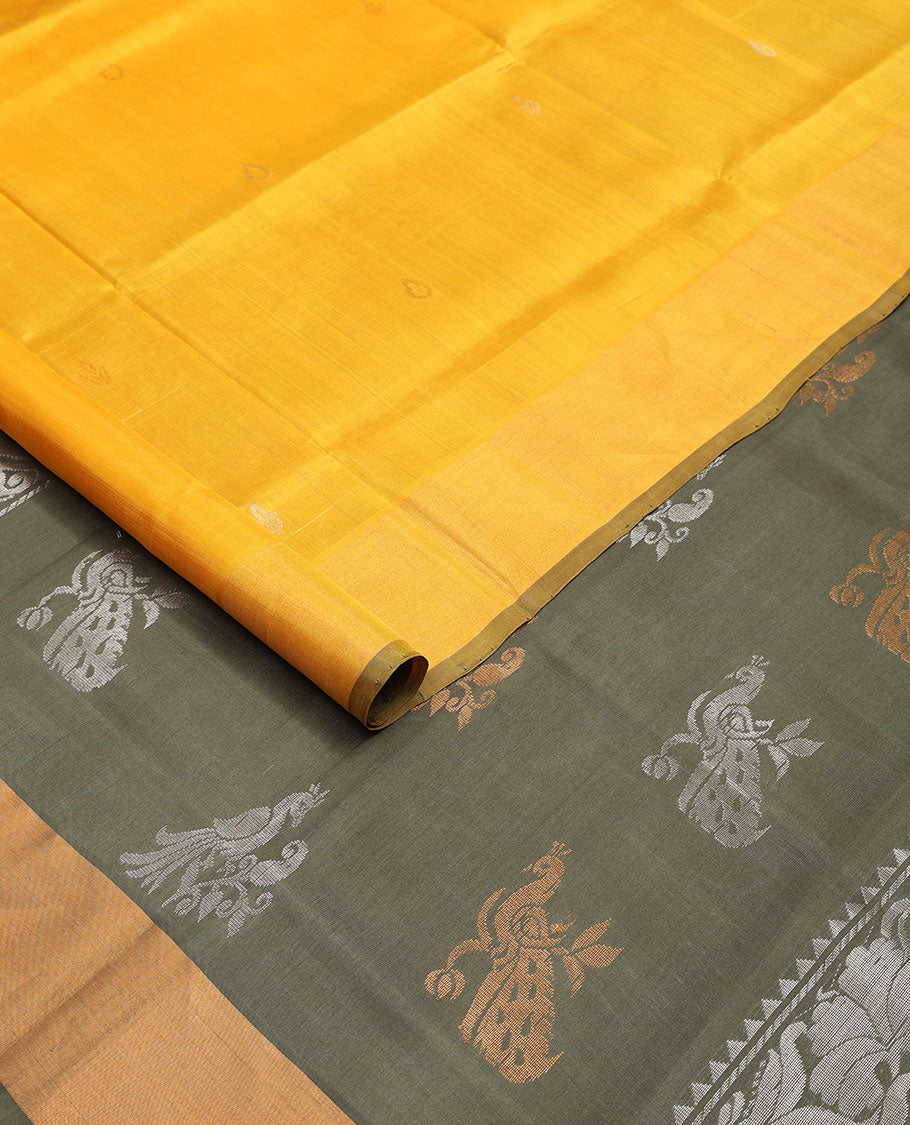 Orange floral buttas uppada saree with self animal design border & florl, peacock design pallu