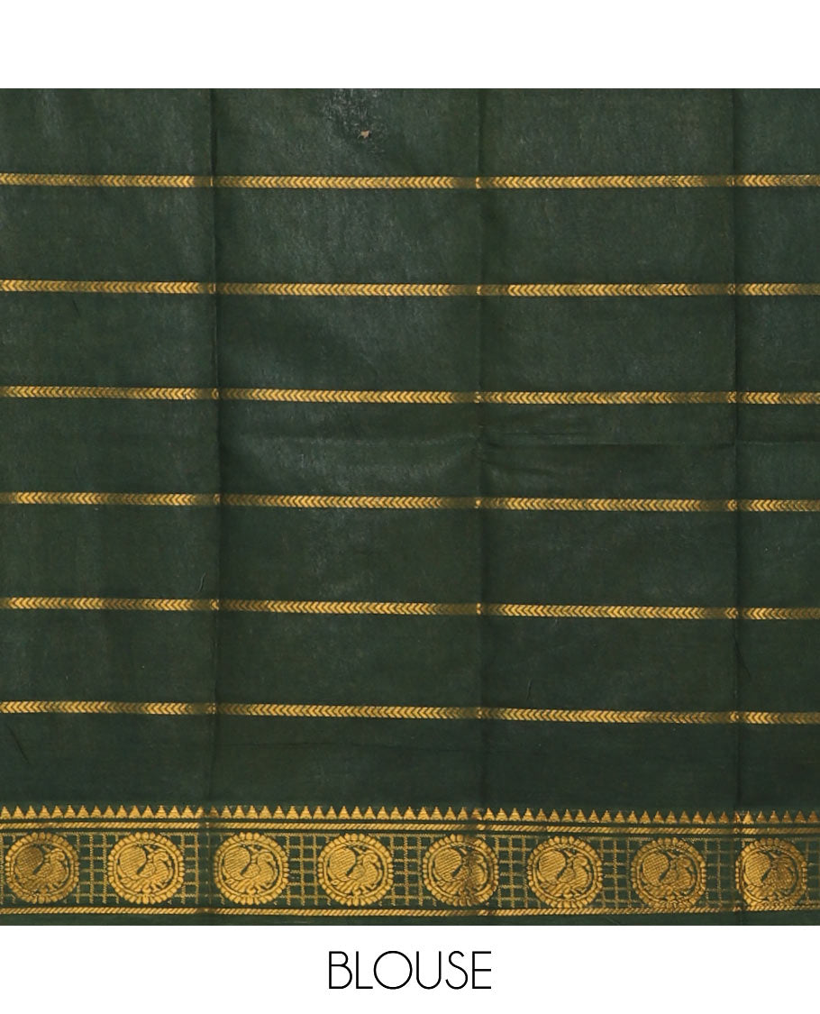 Orange zari checked semi-taffeta silk saree, contrast temple & elephant motif zari border, striped pallu & contrast zari design blouse