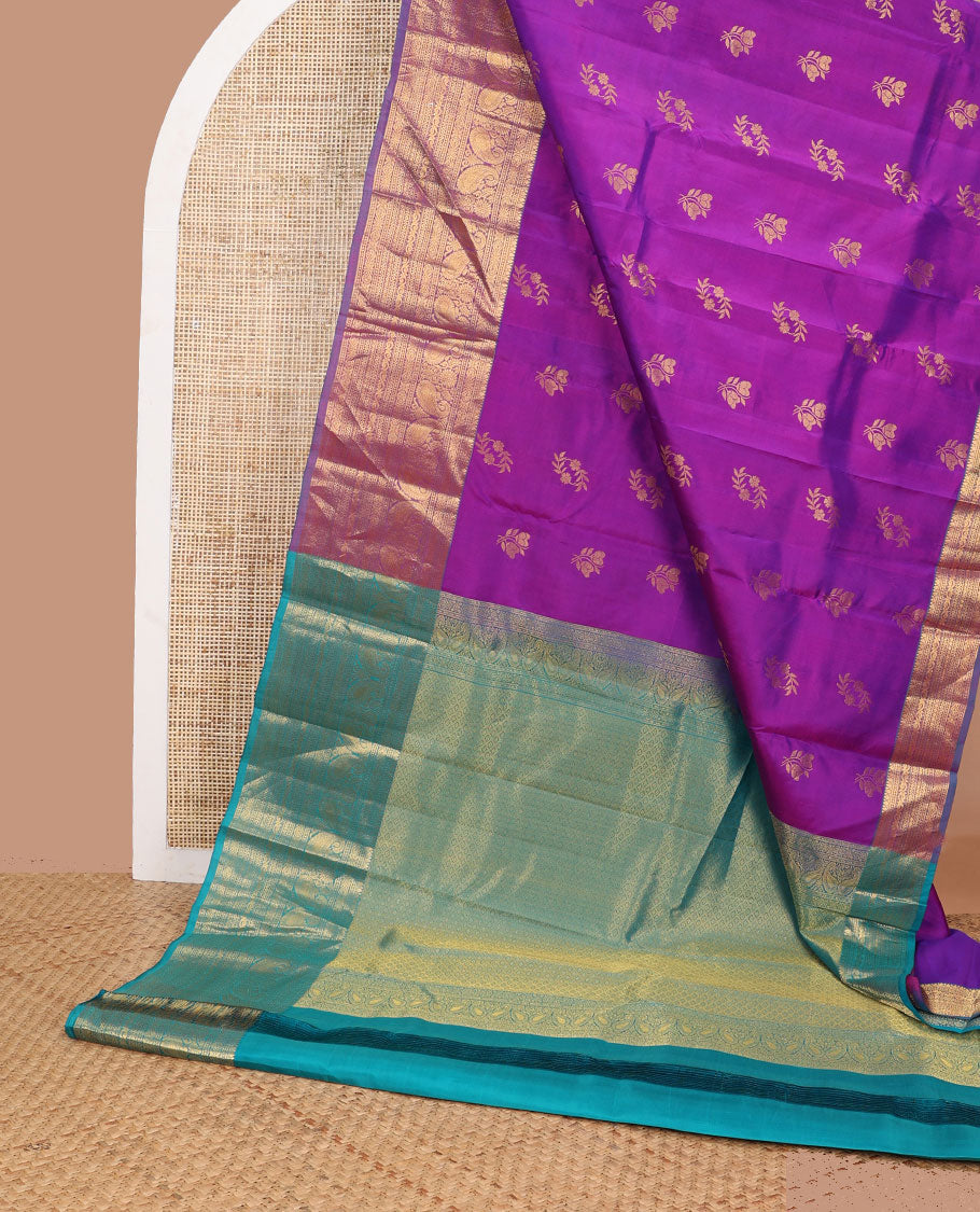 Purple floral design silk with contrast thilakam mokku, banaras, manga, muthu design border & jaal pallu
