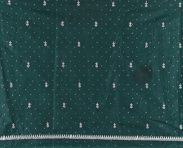 Dark Green half-saree, floral motifs embroidered semi raw silk top, matching embroidered blouse, and contrast scallop embroidered georgette dhavani