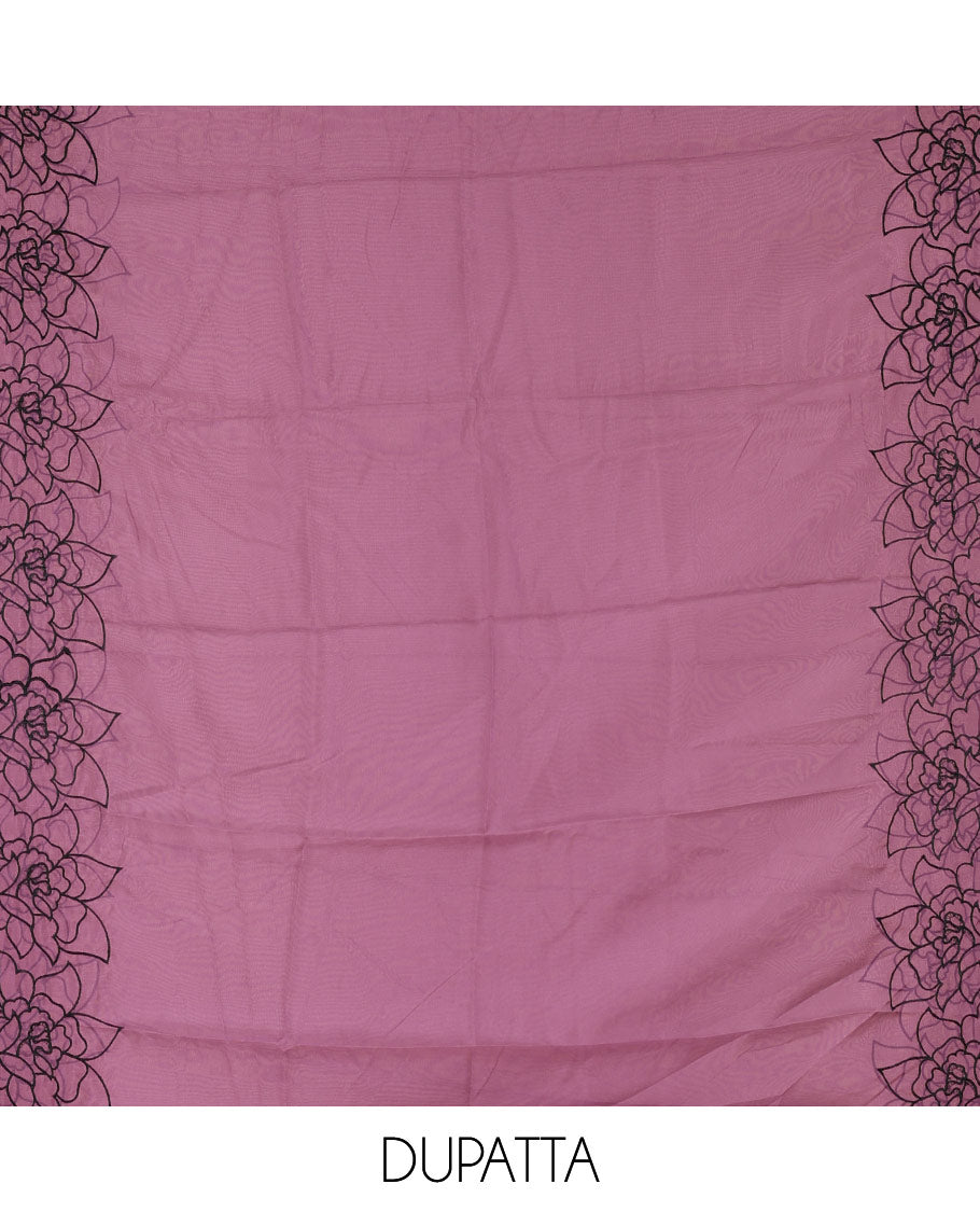 Black and lavender organza material churidar set, Lucknowi chikankari floral vine embroidery top, plain bottom, and contrast floral embroidery dupatta