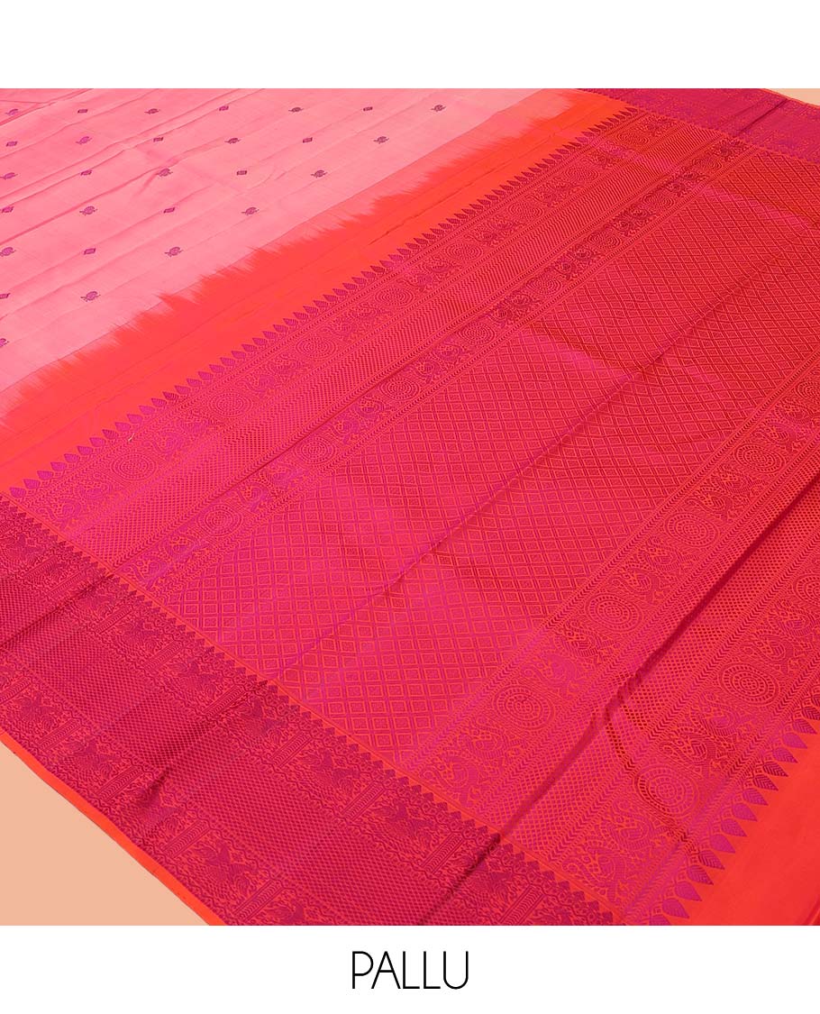 Pink Kanchipuram Silk Saree, Delicately Woven with Mayil-Chakram Buttas, a Contrast Border of Thilakam Mokku, Iruthalai Pakshi, and Kuyil Kann, Jaal Pallu, and a Contrast Blouse