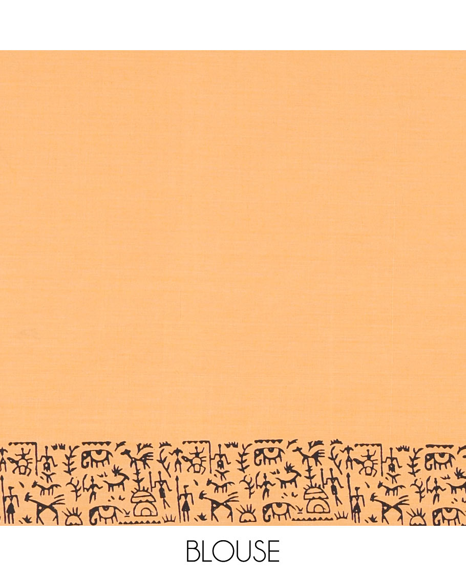 Peach Warli theme horse hand block printed South cotton saree, Warli hand block printed border and pallu, along with contrast handblock printed blouse