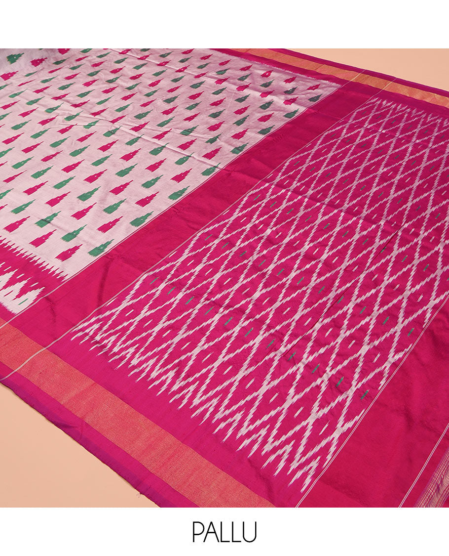 Grey Ikkat Silk Saree, Adorned with Temple Buttas All Over Its Body, Complemented by a Contrast Temple Border, Pallu of Butta Enclosed Jaal Designs, and Paired with a Contrast Blouse